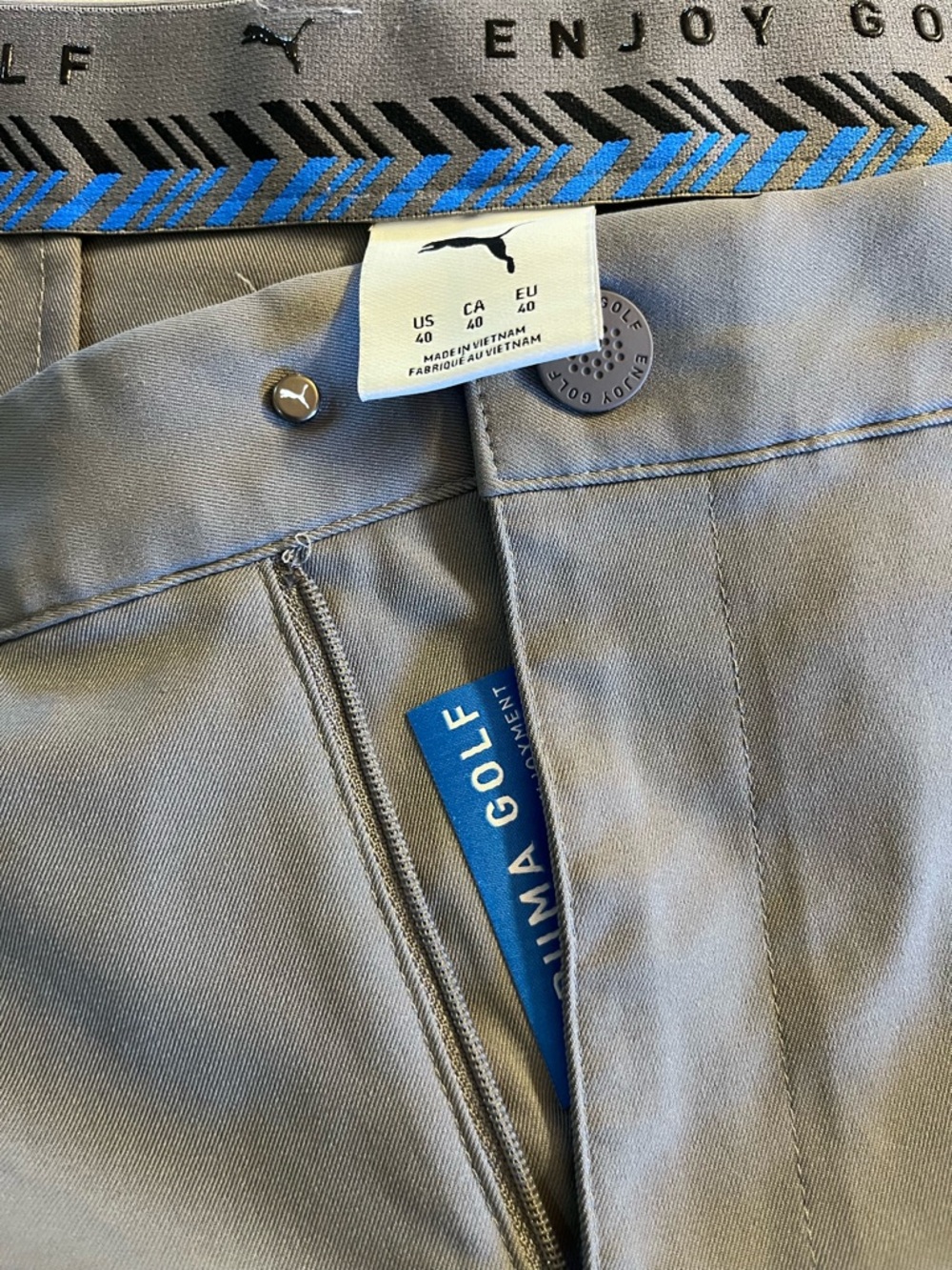 Puma Men's Khaki Gray Golf Chinos with Blue Trim 40 waist, 20” length